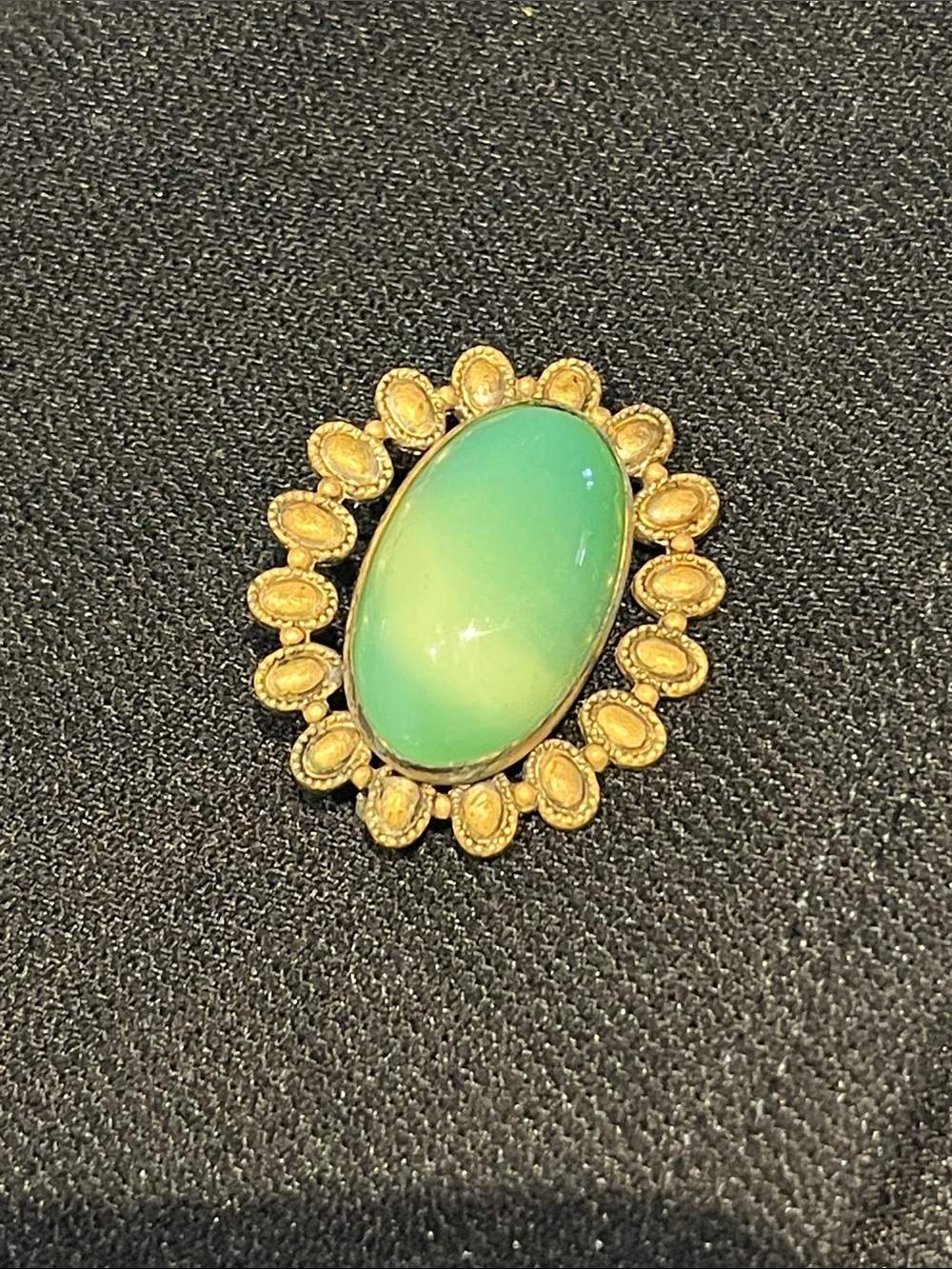 Antique Green Glass Cabochon Brooch C-Clasp Gold Tone Filigree Victorian Revival